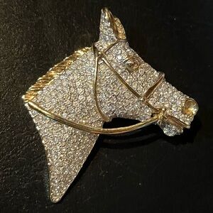 Clear Rhinestone, Gold and Silver Horse Head Brooch